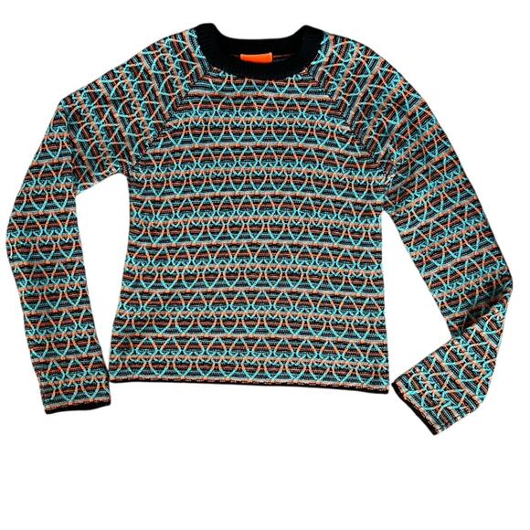Angus Chiang Men’s Unisex Chunky Knit Interwoven Neon Orange Blue Hearts Sweater - Picture 1 of 7